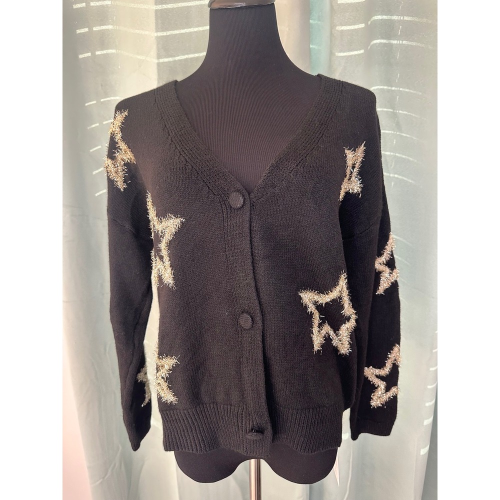 CUPSHE Womens Black‎ Star Embellished Button Down V Neck Knit Cardigan Sweater-S